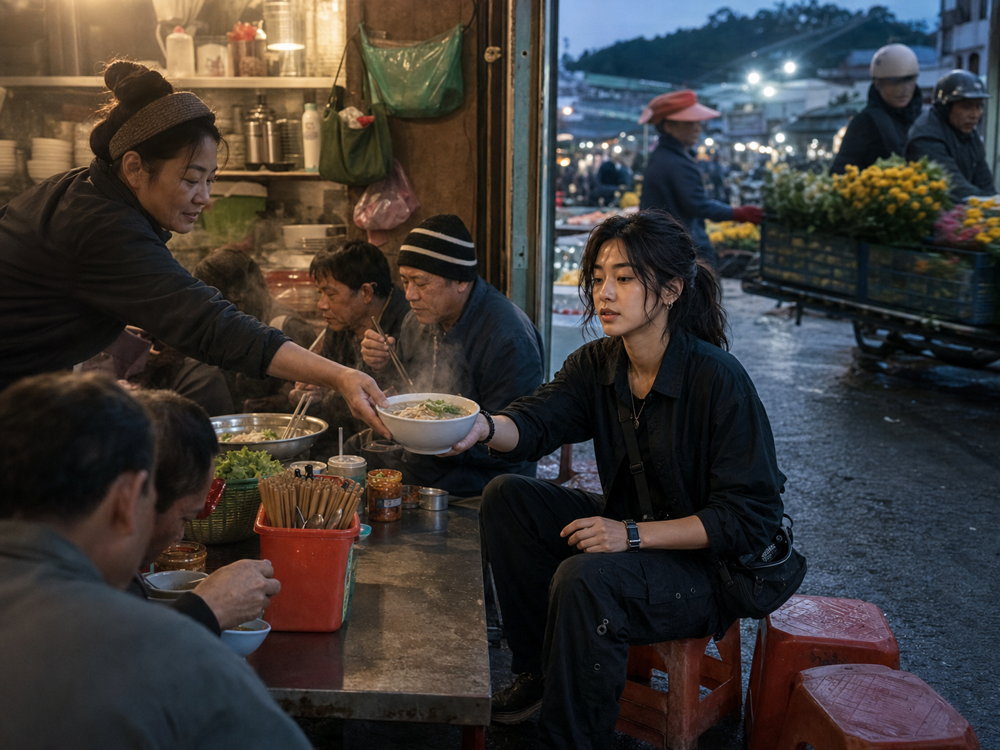 달랏 시장의 새벽 국수 식당에서 희나가 김 오르는 그릇을 건네받고 바깥 통로로 꽃 상자가 지나가는 장면