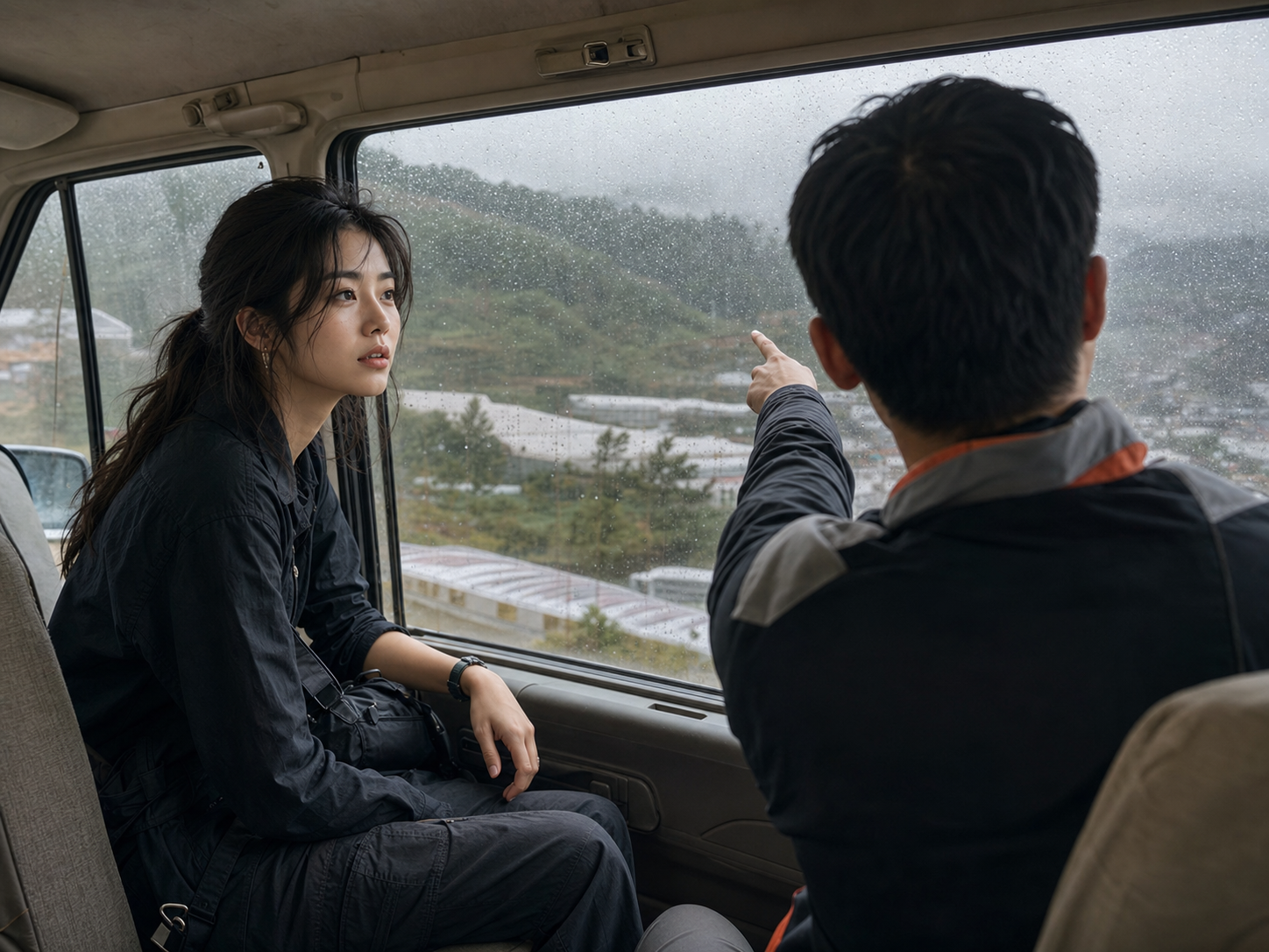 비 내리는 달랏 언덕길의 차 안에서 희나가 가이드의 설명을 들으며 창밖 비닐하우스와 소나무 언덕을 바라보는 장면