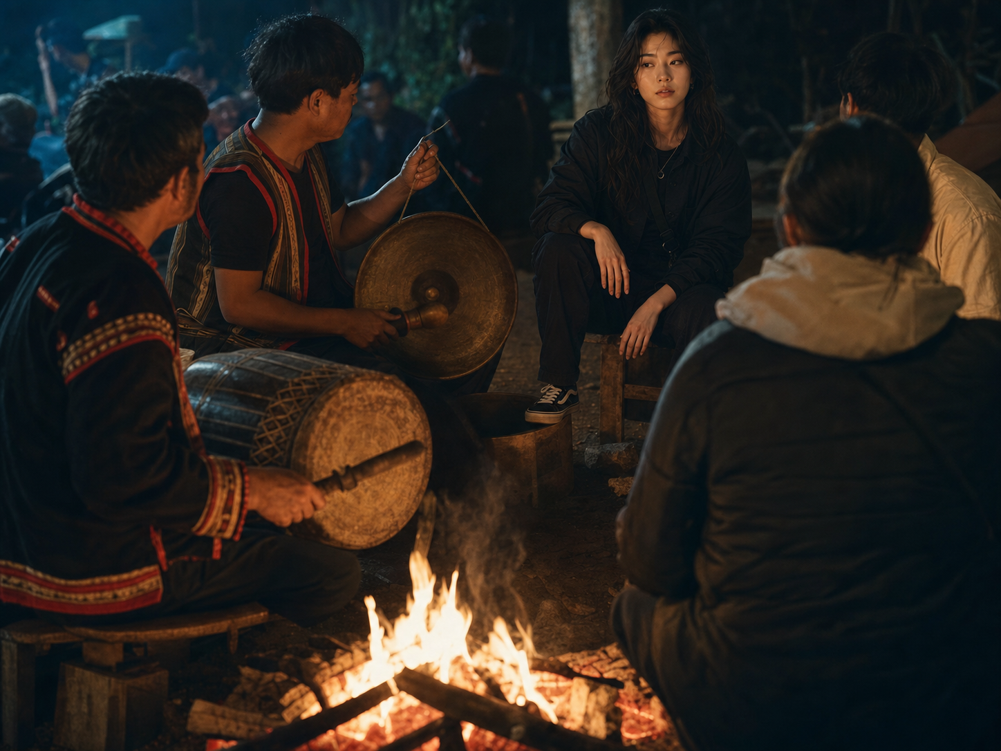 달랏의 차가운 밤, 희나와 여행자들이 장작불 곁에 둘러앉아 꽁찡과 북의 박자를 함께 느끼는 모습.