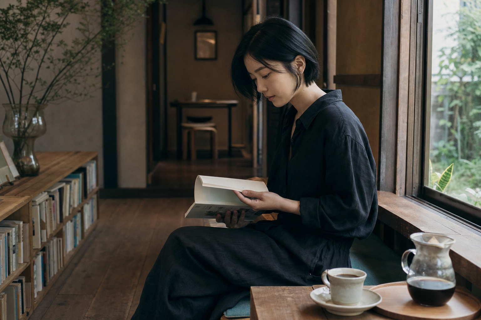 책장 사이, 여름 아침의 핸드드립